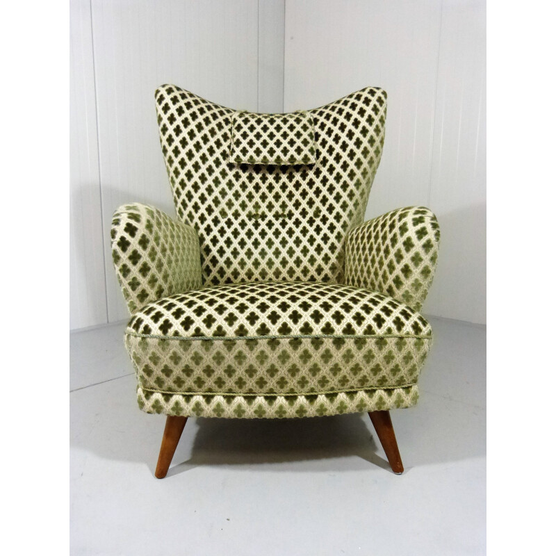 Wingback armchair in cream and green velvet - 1950s