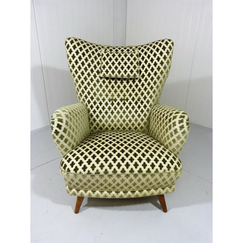 Wingback armchair in cream and green velvet - 1950s
