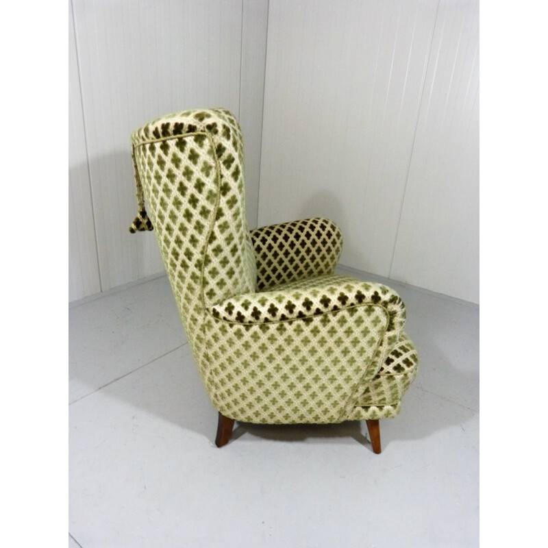 Wingback armchair in cream and green velvet - 1950s