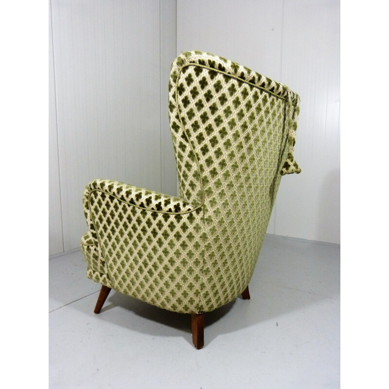 Wingback armchair in cream and green velvet - 1950s