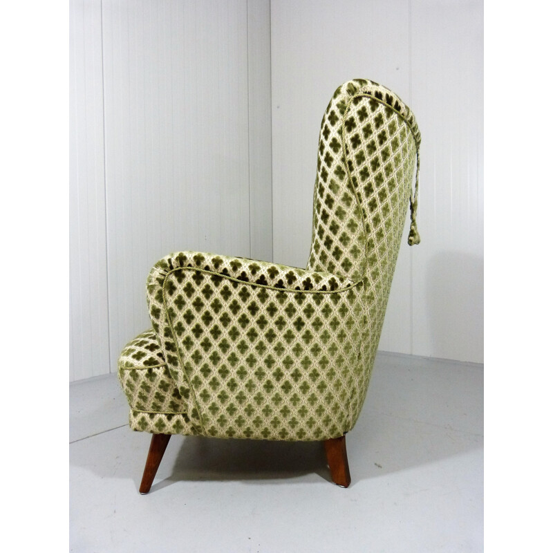 Wingback armchair in cream and green velvet - 1950s