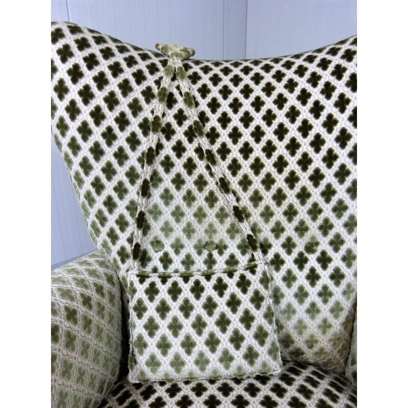 Wingback armchair in cream and green velvet - 1950s