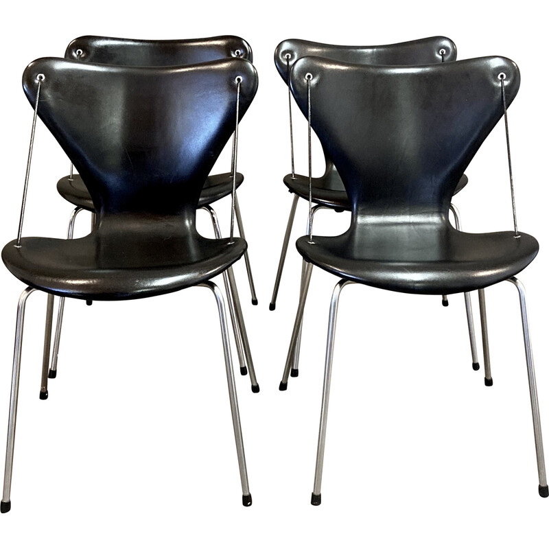 Ensemble de 4 chaises vintage en cuir et en métal par Arne Jacobsen pour Fritz Hansen, 1960