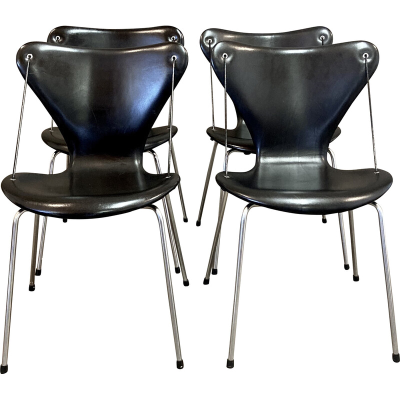 Set of 4 vintage leather and metal chairs by Arne Jacobsen for Fritz Hansen, 1960