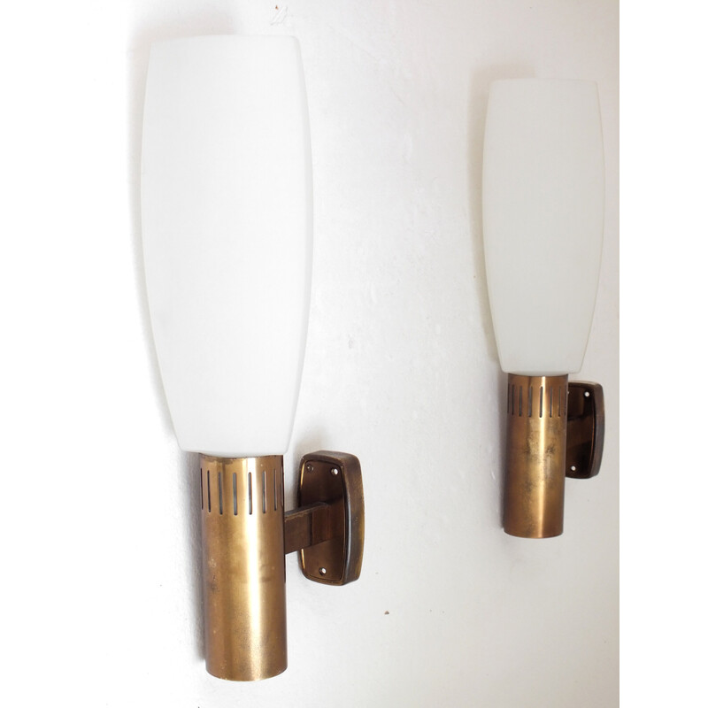 Pair of vintage wall lamps in brass and glass by Bruno Gatta for Stilnovo, Italy 1960