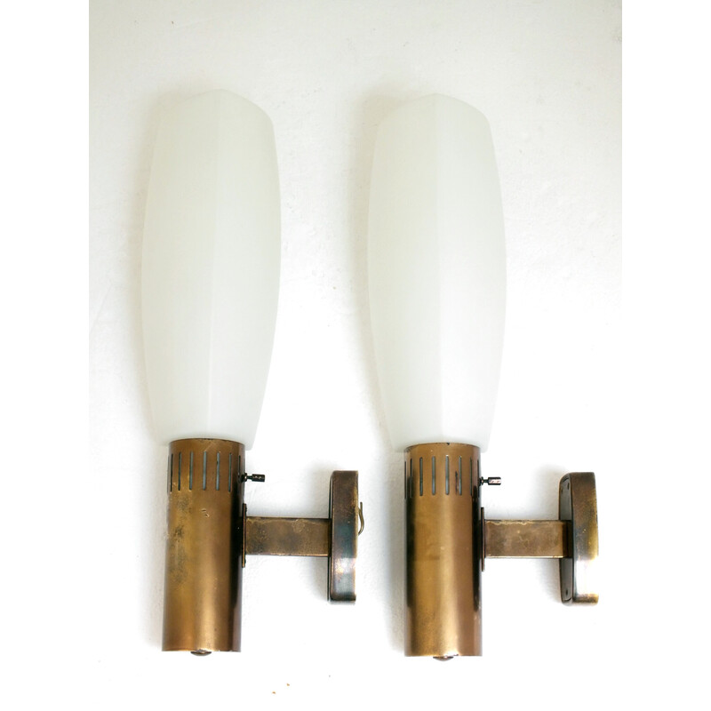 Pair of vintage wall lamps in brass and glass by Bruno Gatta for Stilnovo, Italy 1960