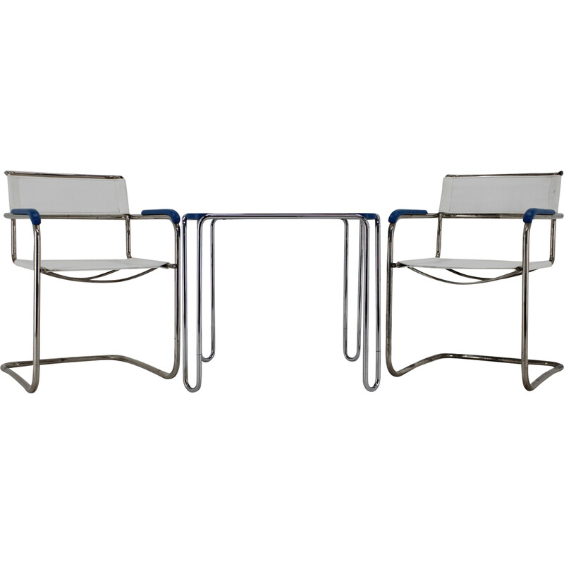 Set of vintage B10 side table and pair of B34 armchairs by Marcel Breuer for Mucke Melder, Czechoslovakia 1930s