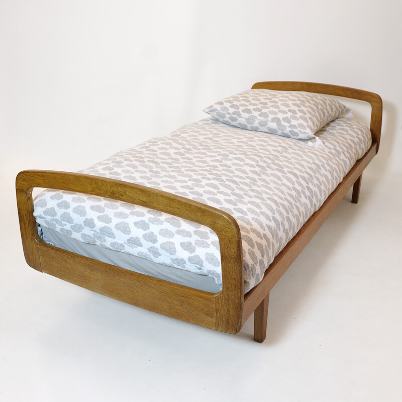 Vintage bed in massief eikenhout van Jacques Hauville voor Bema, 1950