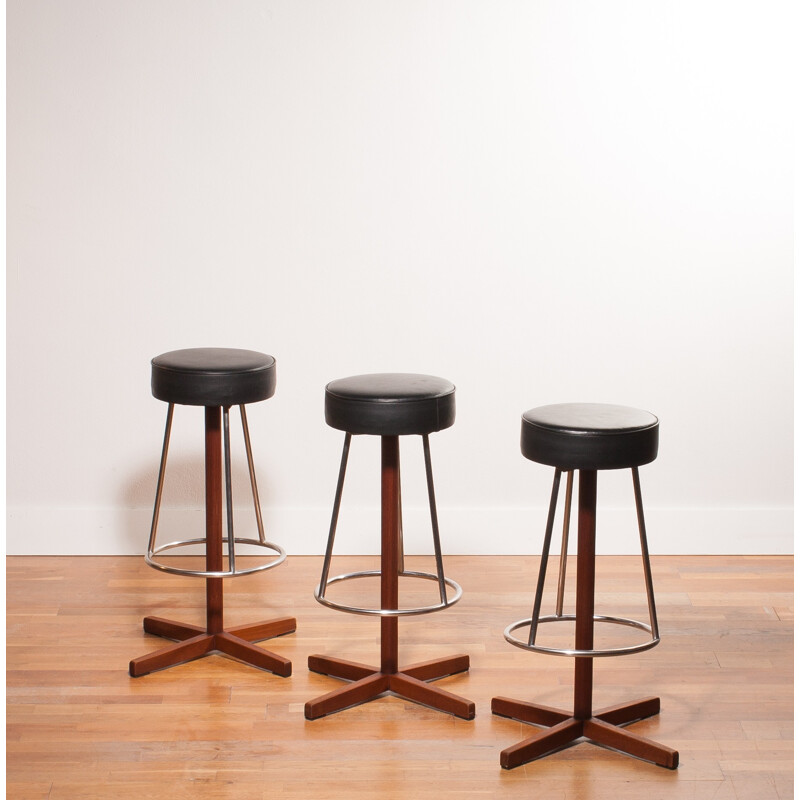 Set of three Bar Stools with leather seat - 1960s