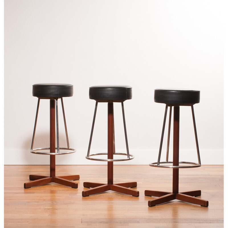 Set of three Bar Stools with leather seat - 1960s