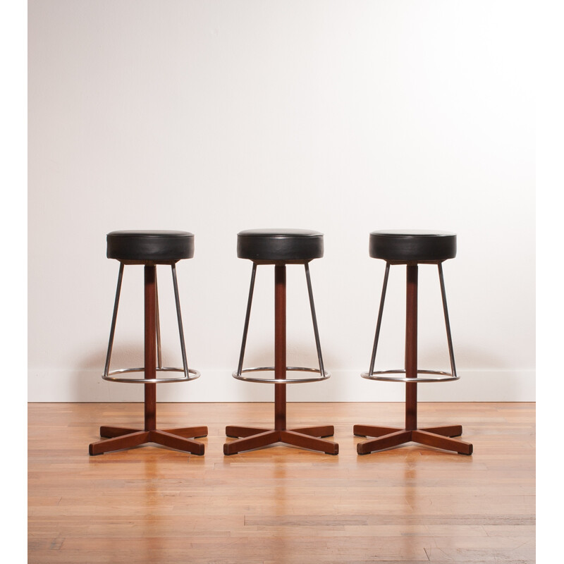 Set of three Bar Stools with leather seat - 1960s