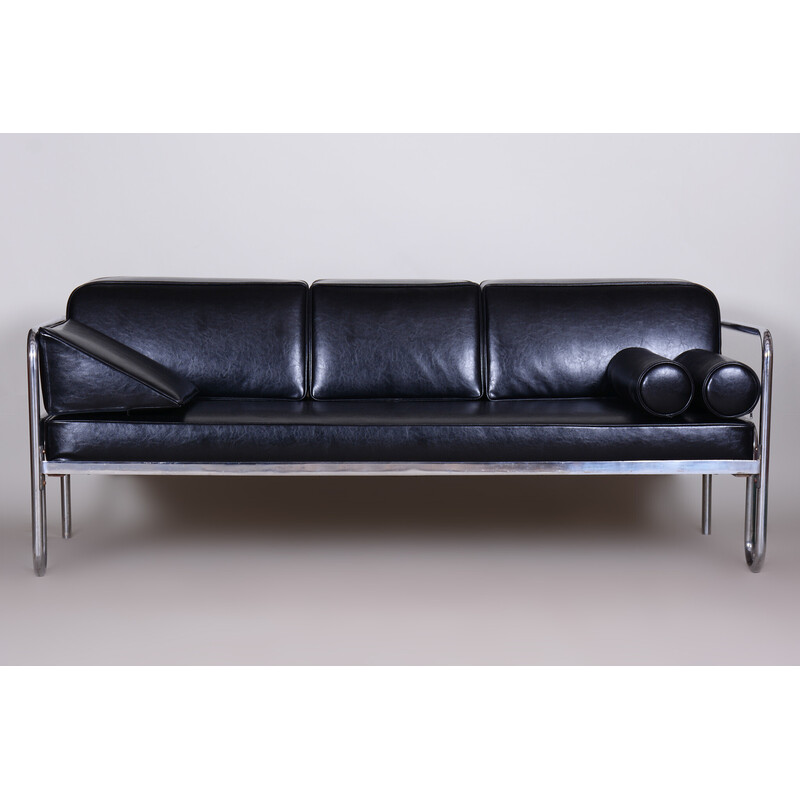 Vintage Bauhaus sofa in leather and chrome-plated steel, Czechoslovakia 1930s