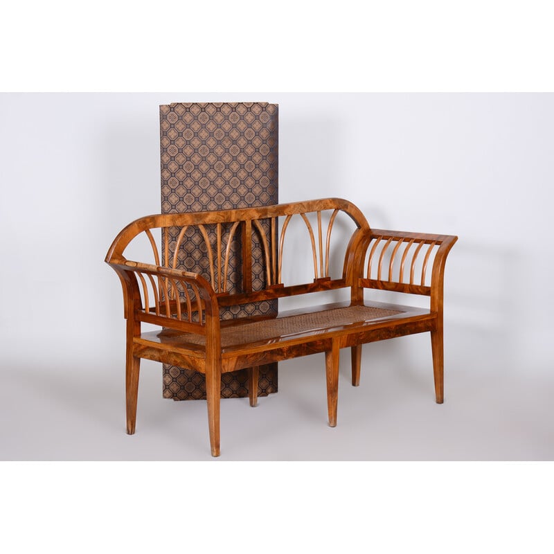 Vintage Biedermeier sofa in walnut and rattan with upholstery, Austria 1820s