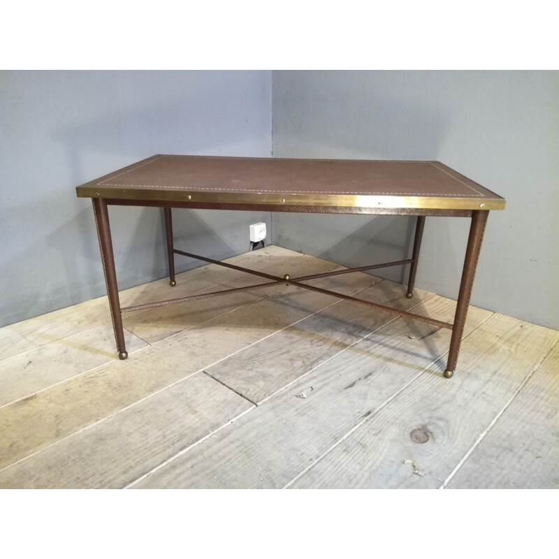 Vintage leather and brass coffe table - 1950s