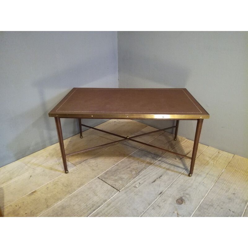 Vintage leather and brass coffe table - 1950s