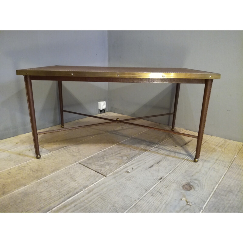 Vintage leather and brass coffe table - 1950s