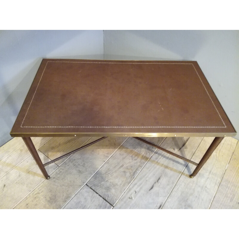 Vintage leather and brass coffe table - 1950s