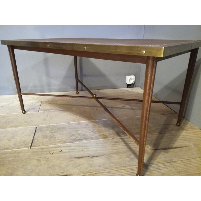 Vintage leather and brass coffe table - 1950s
