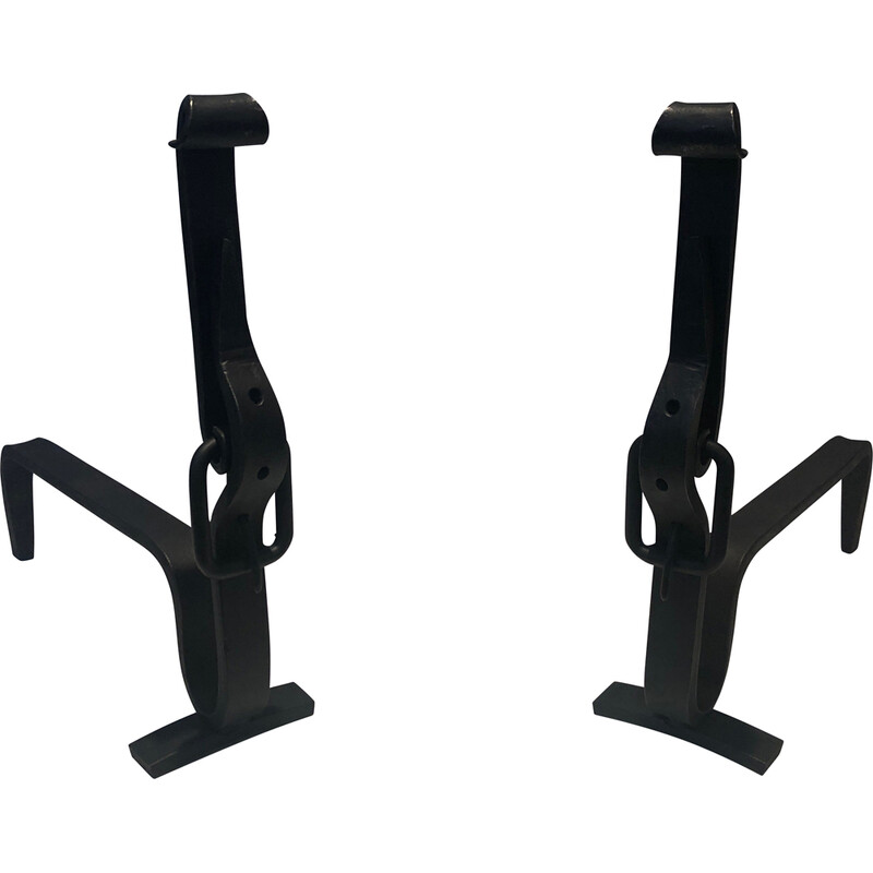 Pair of vintage wrought iron belt andirons, 1950