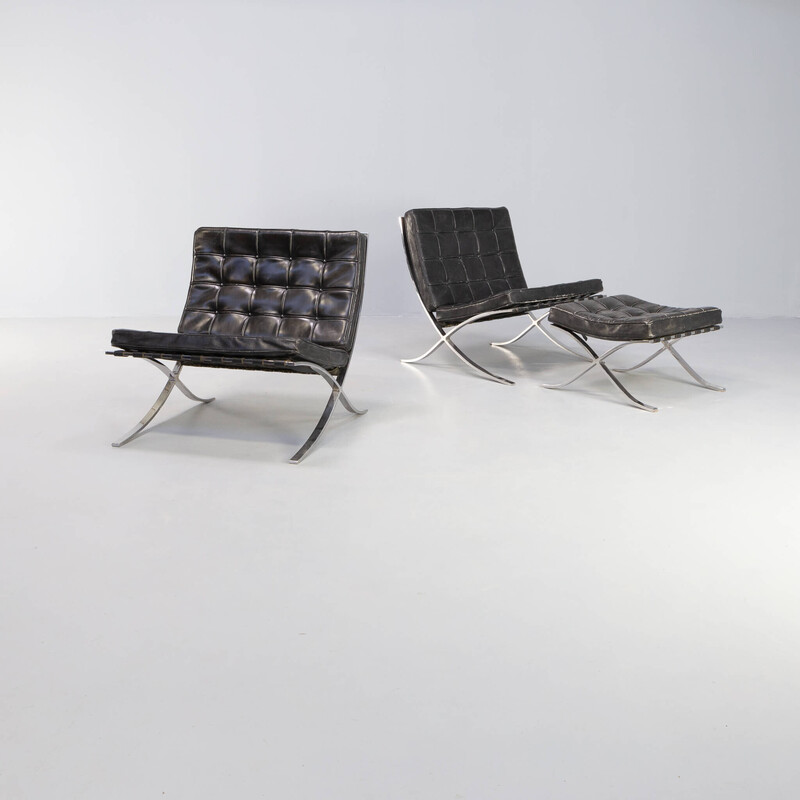 Pair of vintage 'barcelona' armchairs with ottoman by Ludwig Mies van der Rohe for Knoll International