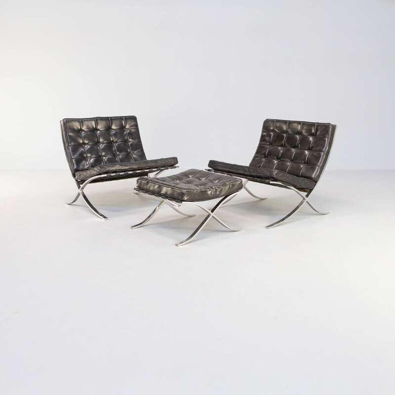 Pair of vintage 'barcelona' armchairs with ottoman by Ludwig Mies van der Rohe for Knoll International