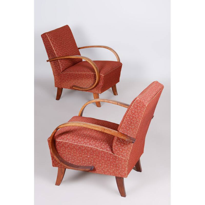 Pair of vintage red Czech Art Deco beechwood armchairs by Jindrich Halabala for Up Zavody, 1930s