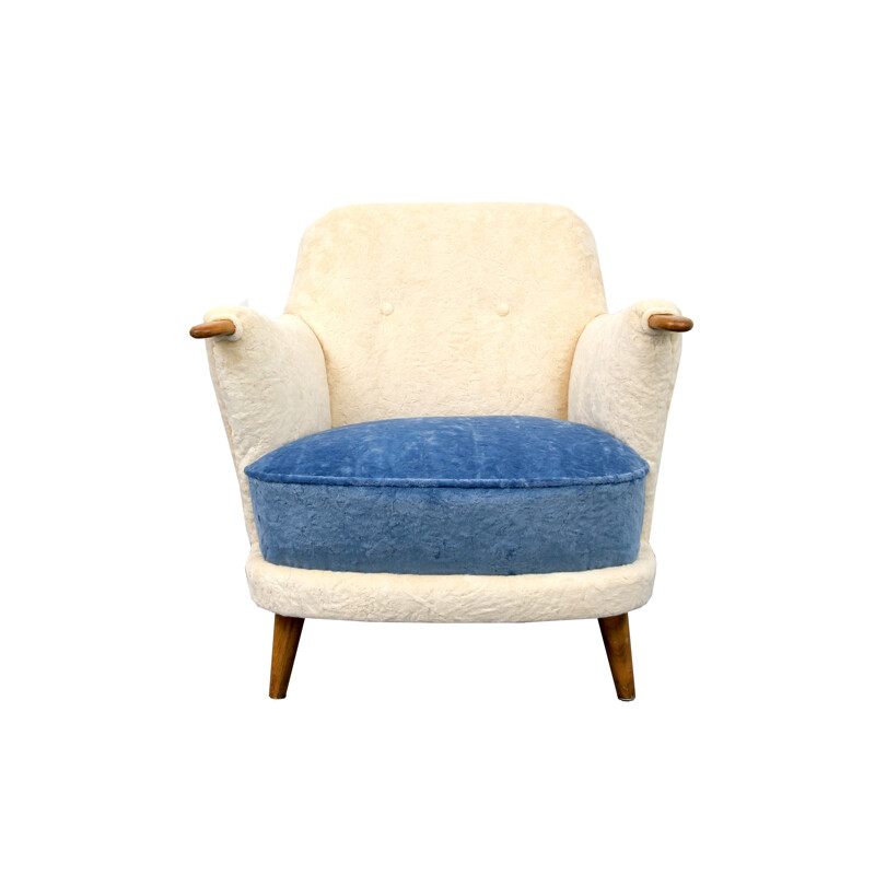 Wooden white and blue armchair in velvet - 1950s