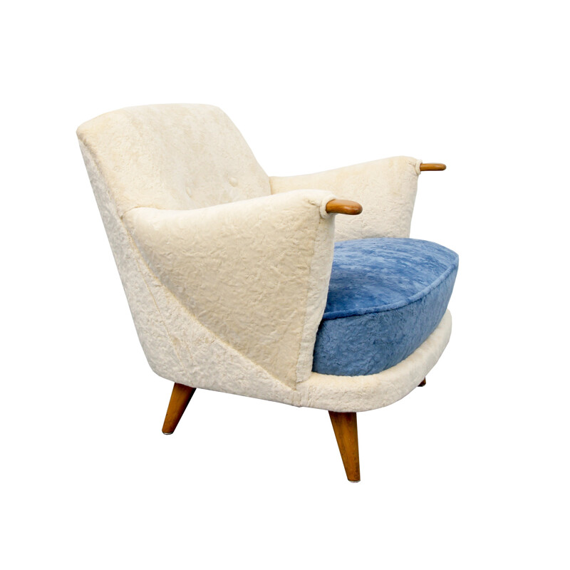 Wooden white and blue armchair in velvet - 1950s