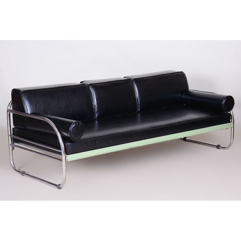 Canapé vintage en cuir noir Bauhaus par Robert Slezak, Tchécoslovaquie 1930