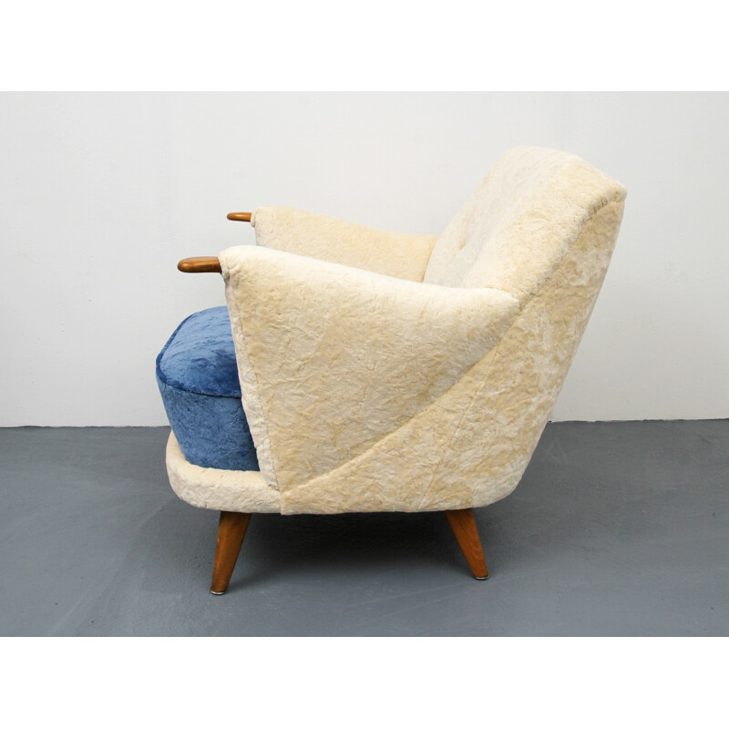 Wooden white and blue armchair in velvet - 1950s