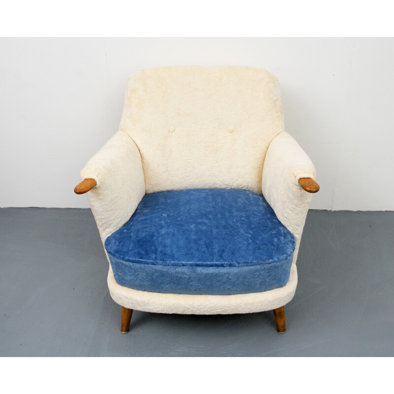 Wooden white and blue armchair in velvet - 1950s
