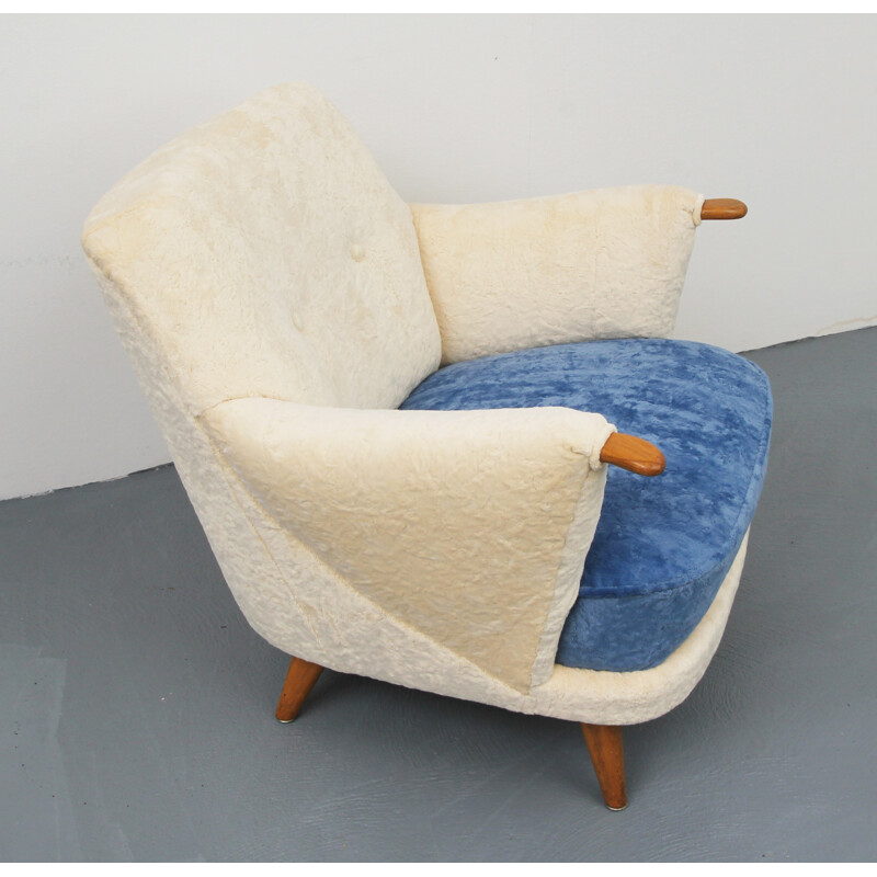 Wooden white and blue armchair in velvet - 1950s