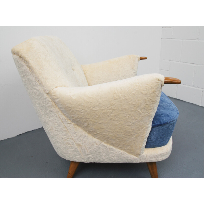 Wooden white and blue armchair in velvet - 1950s