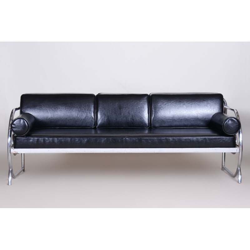 Vintage black Bauhaus leather sofa by Robert Slezak, 1930s