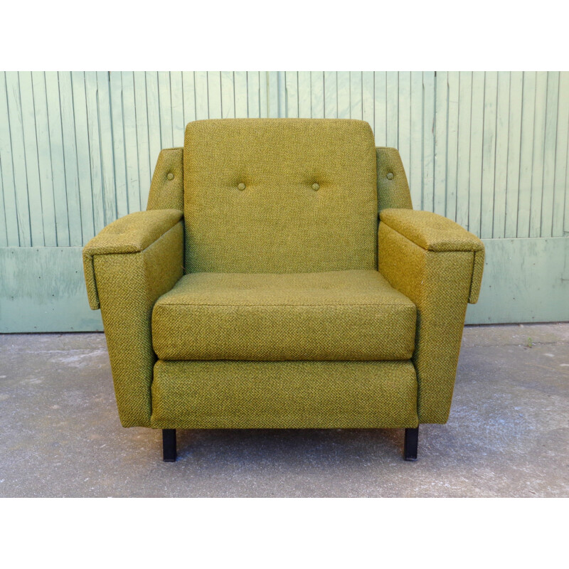 Fauteuil en tissu vert et pieds en métal - 1950