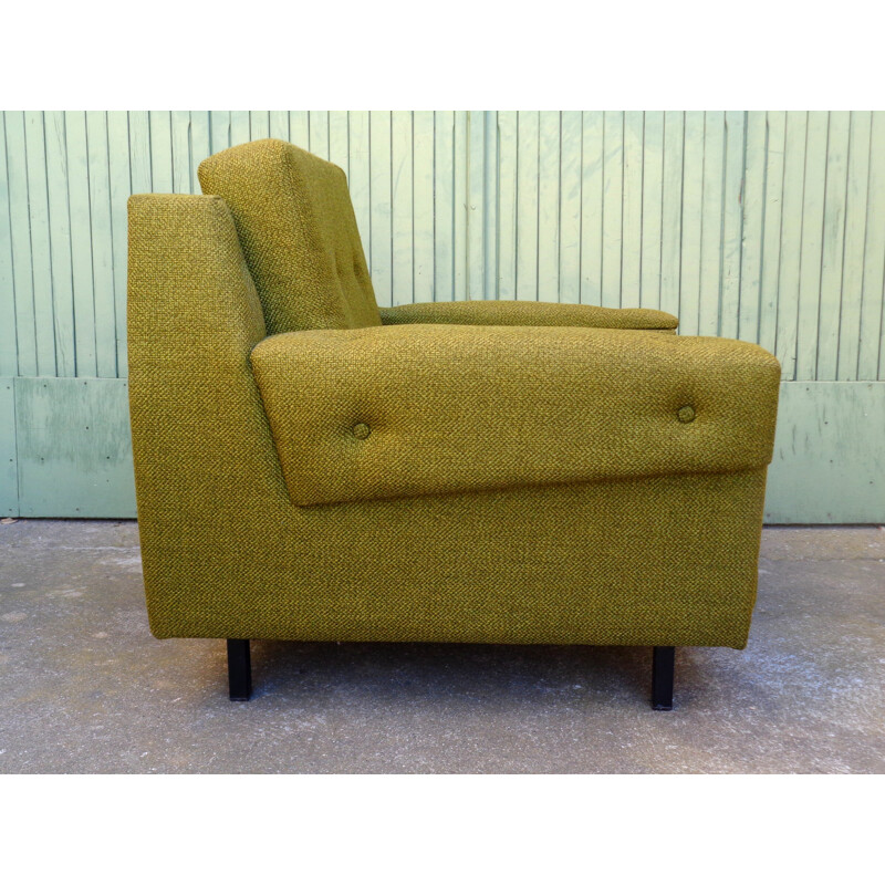 Fauteuil en tissu vert et pieds en métal - 1950