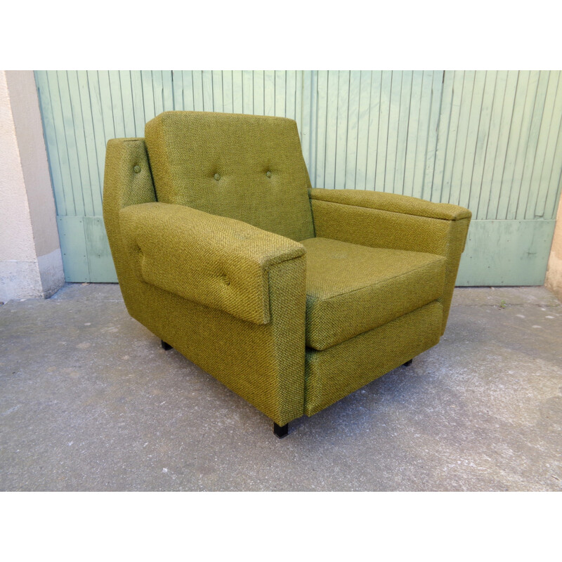 Fauteuil en tissu vert et pieds en métal - 1950