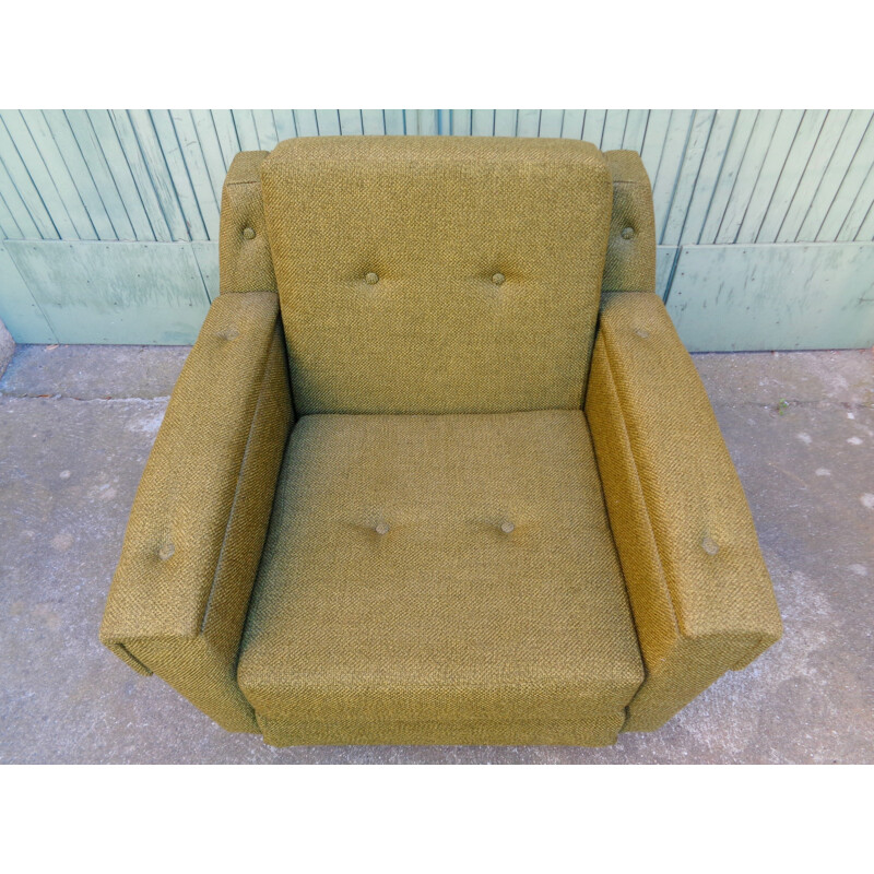 Fauteuil en tissu vert et pieds en métal - 1950