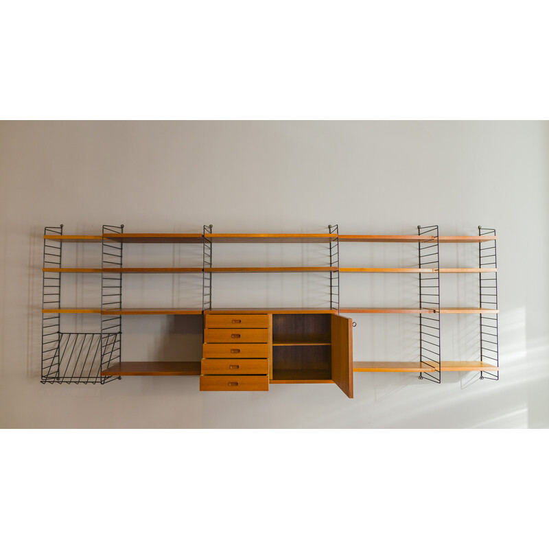 Estantería modular de pared vintage en madera de teca de Nils Strinning para String, años 60