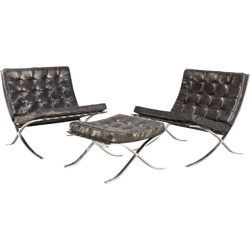 Pair of vintage 'barcelona' armchairs with ottoman by Ludwig Mies van der Rohe for Knoll International