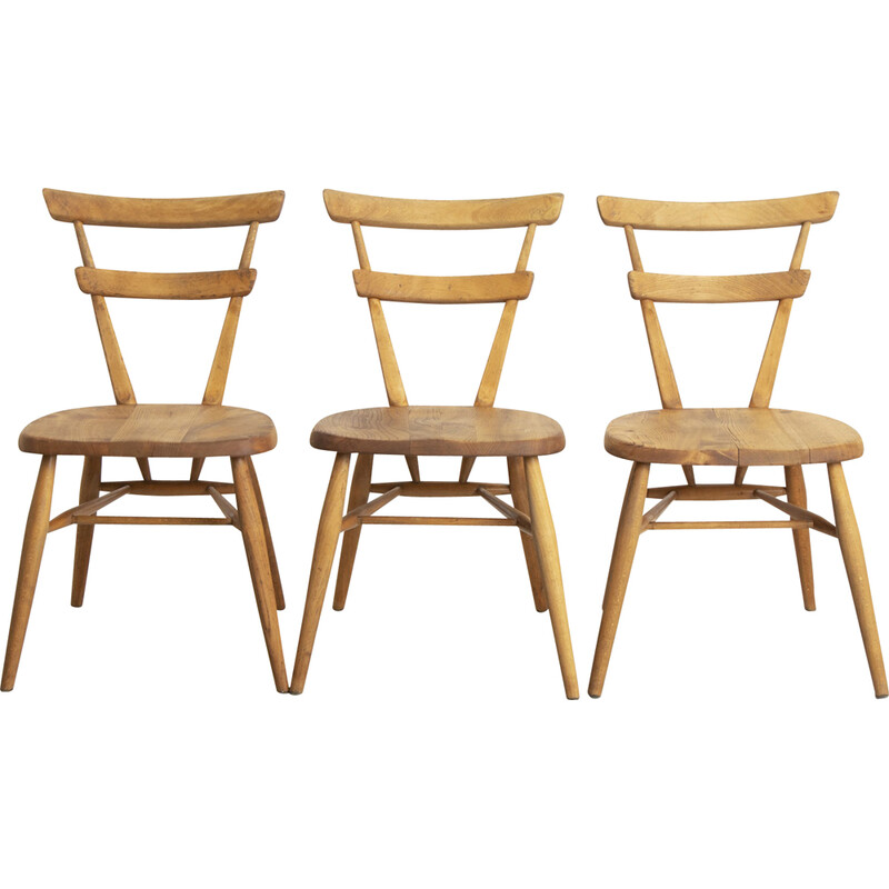 Set of 3 vintage Ercol blue dot stacking chairs, 1960s