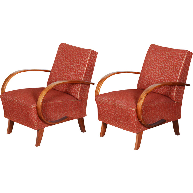 Pair of vintage red Czech Art Deco beechwood armchairs by Jindrich Halabala for Up Zavody, 1930s