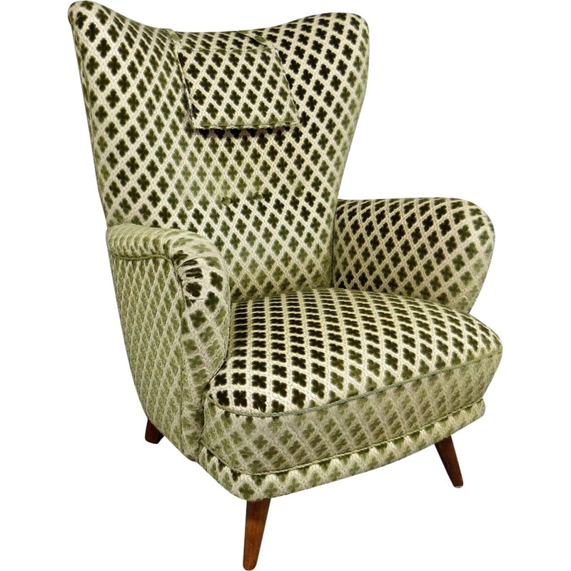 Wingback armchair in cream and green velvet - 1950s