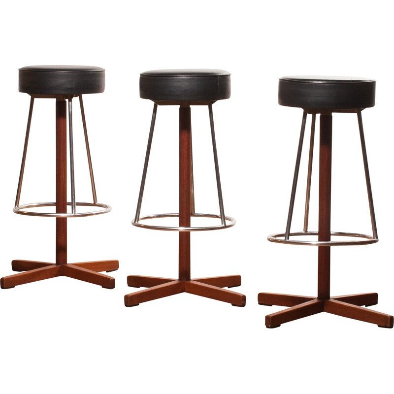 Set of three Bar Stools with leather seat - 1960s