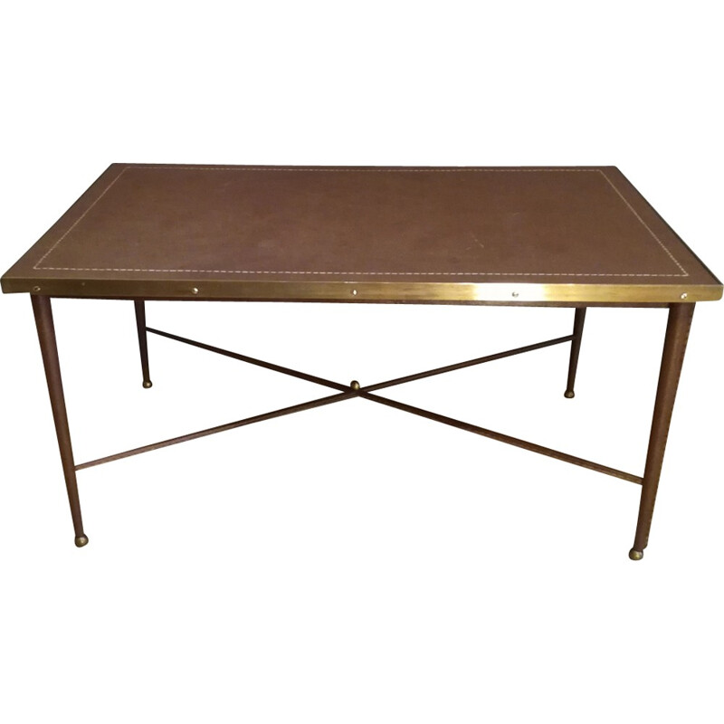 Table basse gainée en cuir et laiton - 1950