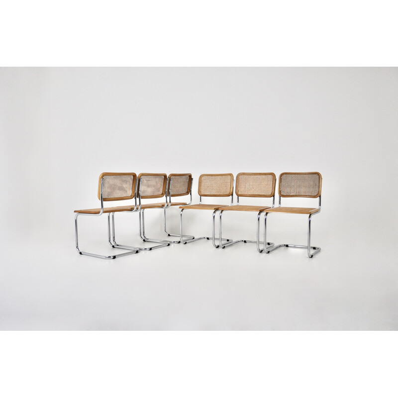 Ensemble de 6 chaises vintage en métal, bois et rotin par Marcel Breuer