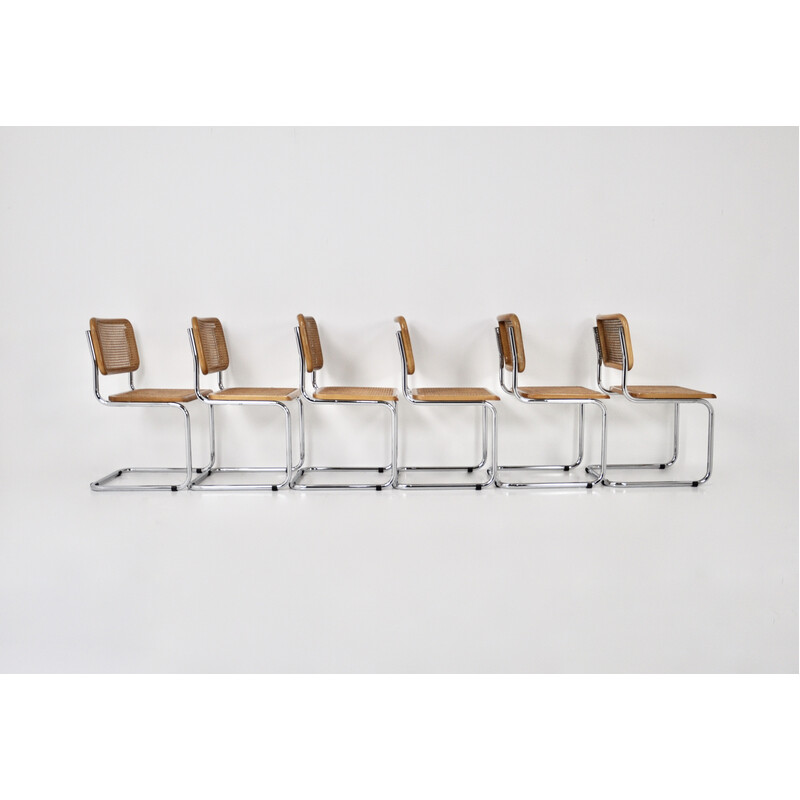 Set of 6 vintage chairs in metal, wood and rattan by Marcel Breuer