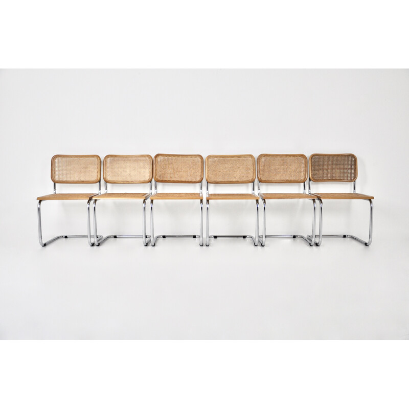 Conjunto de 6 cadeiras vintage em metal, madeira e rotim de Marcel Breuer