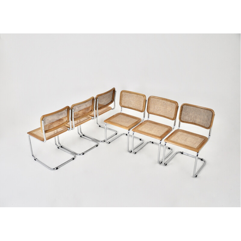 Ensemble de 6 chaises vintage en métal, bois et rotin par Marcel Breuer