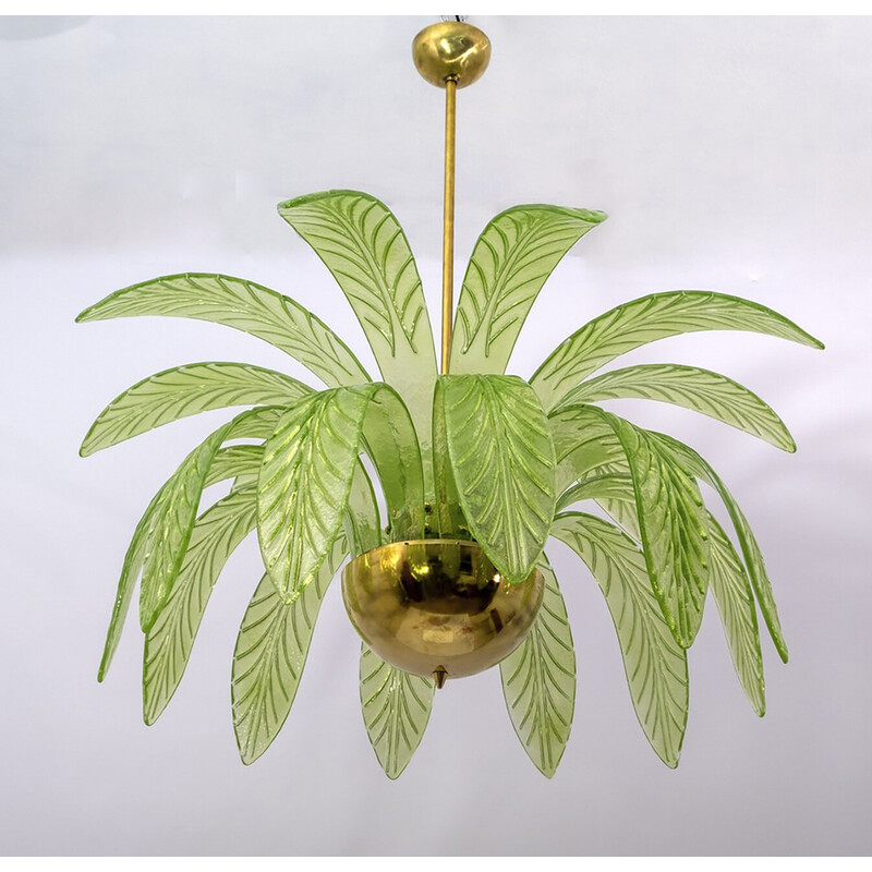 Mid-century Palm leaves chandelier in Murano glass and brass, 1970s